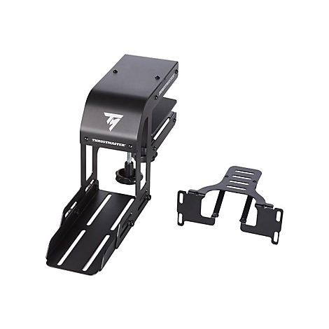 Schwarze Metall-Tischklemme für Gaming-Lenkräder mit beiliegender Montageplatte vor weißem Hintergrund.