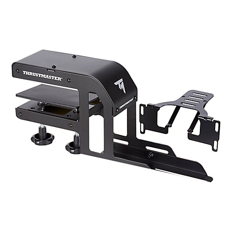 Schwarze Metalltischhalterung für Gaming-Zubehör mit Thrustmaster-Logo vor weißem Hintergrund.