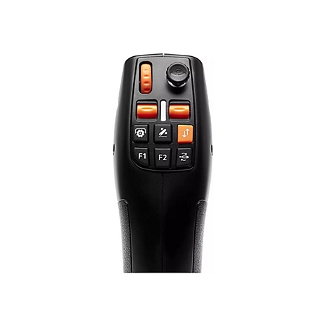 Schwarzer ergonomischer Joystick mit orangefarbenen Tasten und Funktionssymbolen vor weißem Hintergrund.