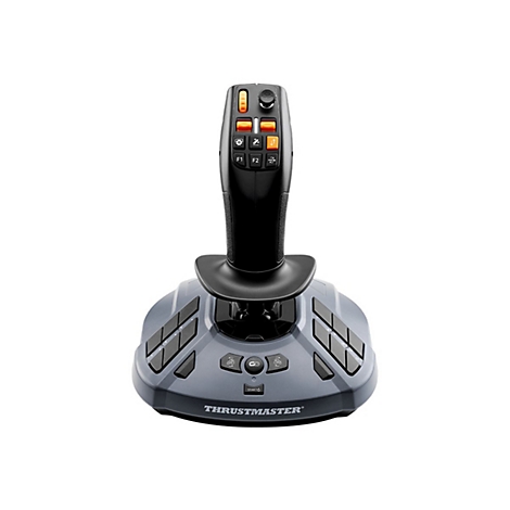 Schwarzer Thrustmaster Joystick für Landwirtschaftssimulatoren mit grauer Basis, orangen Tasten und vielen Funktionstasten.