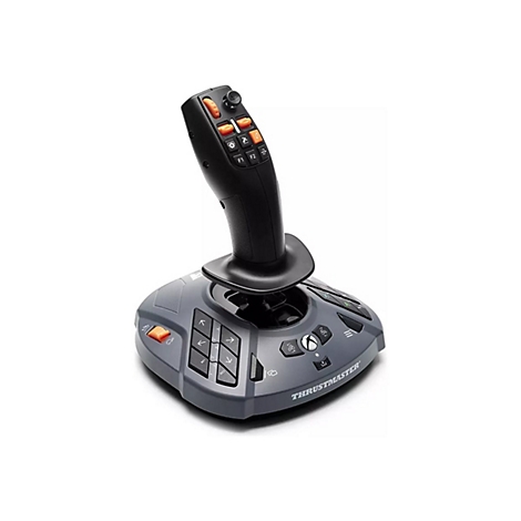 Schwarzer Gaming-Joystick von Thrustmaster mit grauer Basis, orangefarbenen Tasten und Xbox-Symbol.