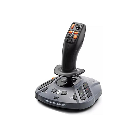 Schwarzer Thrustmaster Joystick mit grauer Basis und vielen Bedienelementen, freigestellt auf weißem Hintergrund.