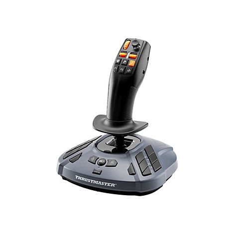 Schwarzer Thrustmaster Joystick für Simulationen mit grauer Basis und zahlreichen orangefarbenen sowie schwarzen Tasten.