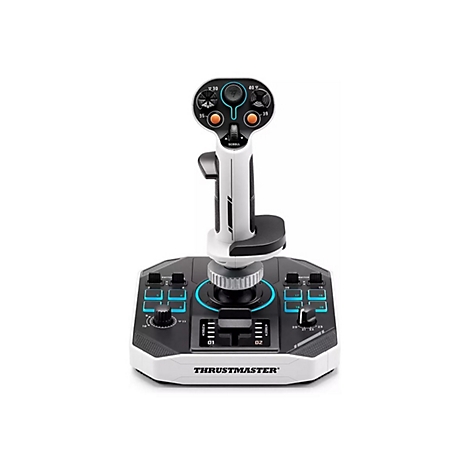 Schwarz-weißer Thrustmaster Flightstick mit zahlreichen Knöpfen und Schaltern auf quadratischer Basis.