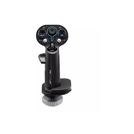Schwarzer Gaming-Joystick mit blau beleuchtetem Griff, Tasten und Scrollrad vor weißem Hintergrund.