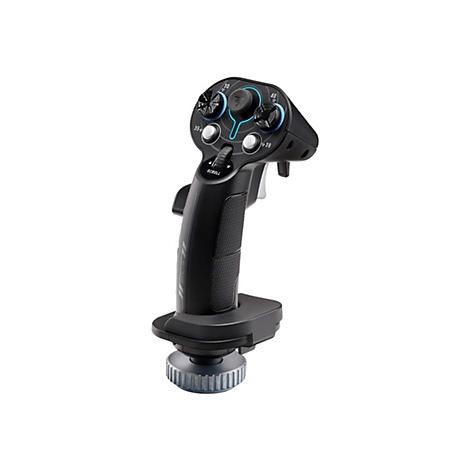 Schwarzer Gaming-Joystick mit beleuchteten Tasten, ergonomischem Griff und silbernem Stellrad vor weißem Hintergrund.