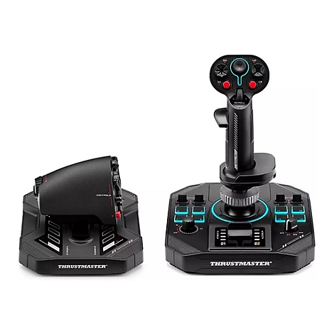 Schwarzer Thrustmaster Joystick mit Schubregler vor weißem Hintergrund.