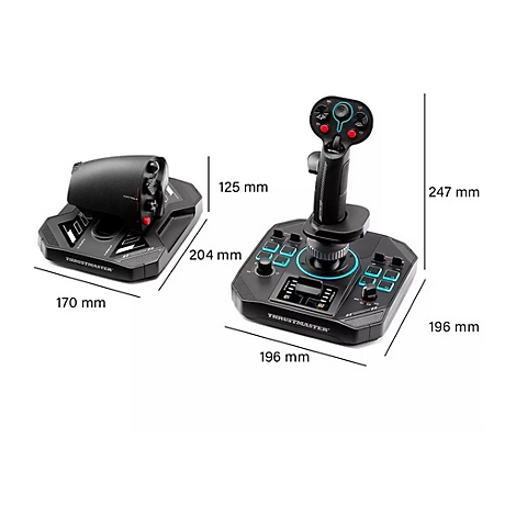 Thrustmaster Joystick und Schubregler vor weißem Hintergrund mit bemaßten Abmessungen in Millimetern.