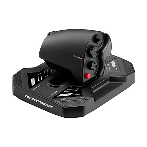 Schwarzer Schubregler von Thrustmaster mit Knöpfen, Tasten und Beschriftungen auf einer Basis vor weißem Hintergrund.