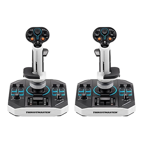 Zwei identische Thrustmaster Joysticks in Weiß-Grau auf weißem Hintergrund.