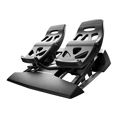 Schwarze Pedale für Gaming. Zwei Fussstützen mit Aussparungen, unterhalb eine Basis mit Schriftzug.