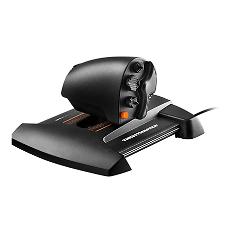 Schwarzer Joystick mit Orangenfarbenen Akzenten und der Aufschrift Thrustmaster.