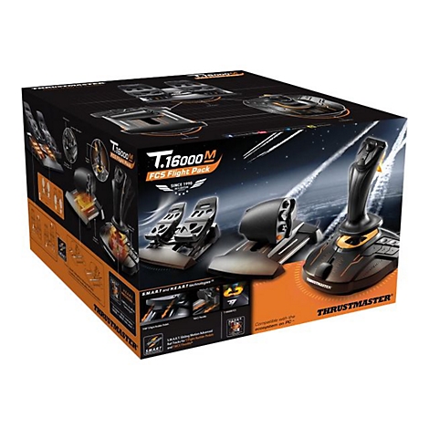 Ein schwarzer Karton mit einem Flight Pack von Thrustmaster, der Joystick und Pedale zeigt. Text: T.16000M FCS Flight Pack.