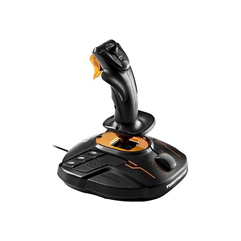 Schwarzer Gaming-Joystick von Thrustmaster mit orangenen Akzenten vor weißem Hintergrund.