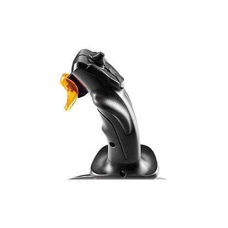Schwarzer ergonomischer Joystick mit einem markanten orangefarbenen Abzug vor weißem Hintergrund.