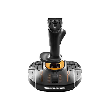 Schwarzer Thrustmaster Joystick mit orangefarbenen Akzenten und mehreren Tasten auf einer breiten Basis.