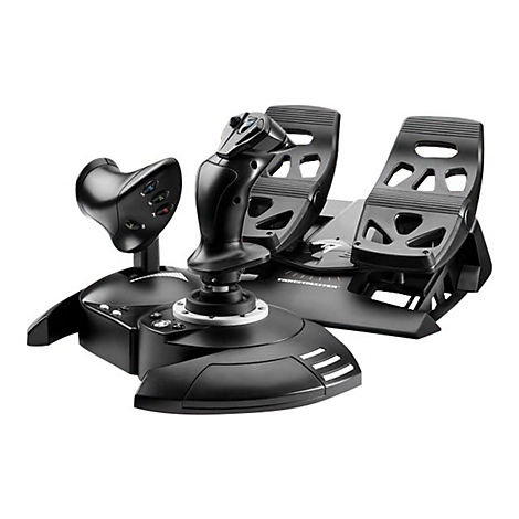 Thrustmaster Flight-Set bestehend aus Joystick, Schubregler und Ruderpedalen in Schwarz auf weißem Grund.