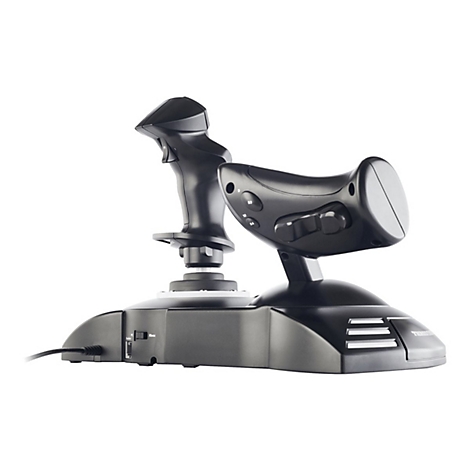 Schwarzer Gaming-Joystick und Schubregler in einer Einheit auf weißem Hintergrund.