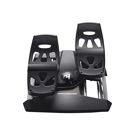 Schwarze Thrustmaster Flugsimulator-Pedale vor neutralem Hintergrund.
