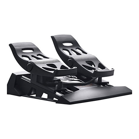 Schwarze Flugsimulator-Pedale von Thrustmaster auf weißem Hintergrund.