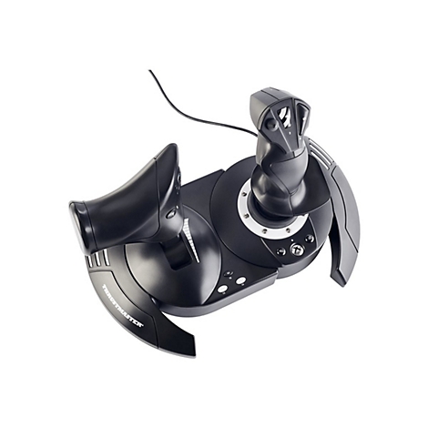 Schwarzer Thrustmaster Flight-Stick mit Gashebel auf weißem Hintergrund.