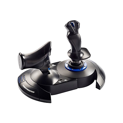 Schwarzer Flightstick mit blauem Detail und Logo, auf weiÃŸem Hintergrund.