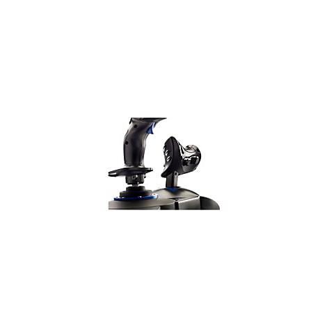 Ein schwarzer Flightstick mit blauen Akzenten und separater Steuerungseinheit. Der Hintergrund ist weiÃŸ.