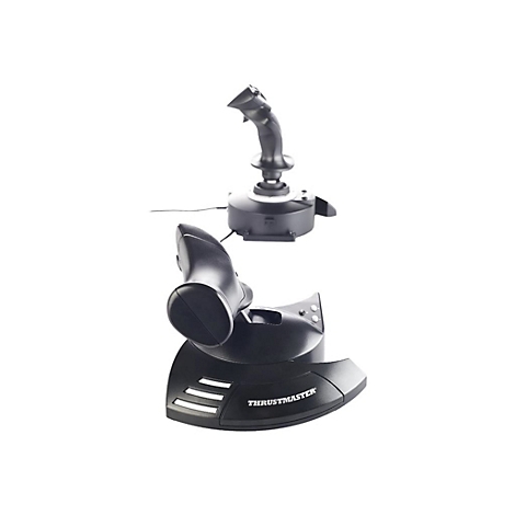 Schwarzer Flightstick und Schubregler auf weiÃŸem Hintergrund. Die Marke Thrustmaster ist sichtbar.
