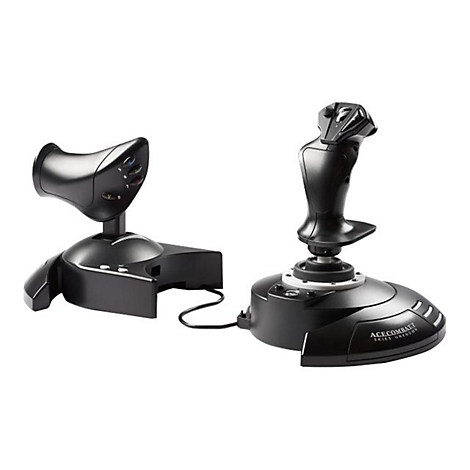 Schwarzer Flight-Stick und Schubregler für Flugsimulationen auf weißem Hintergrund.