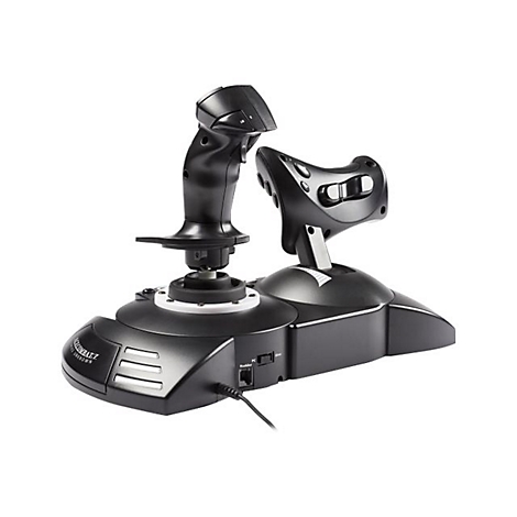 Schwarzer Flightstick-Controller mit Joystick und Schubregler auf weißem Hintergrund.