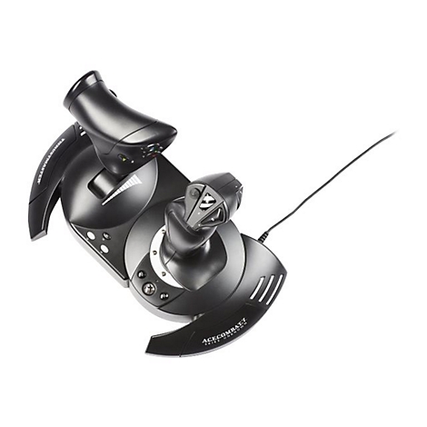 Schwarzer Flight Stick vor weißem Hintergrund. Mit Tasten, Stick und Schubregler. Kabelanschluss.