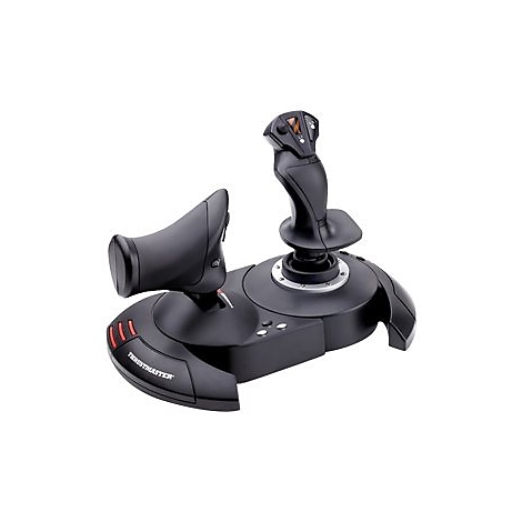 Schwarzer Thrustmaster Flight-Stick mit Schubregler auf einer Basis vor weißem Hintergrund.