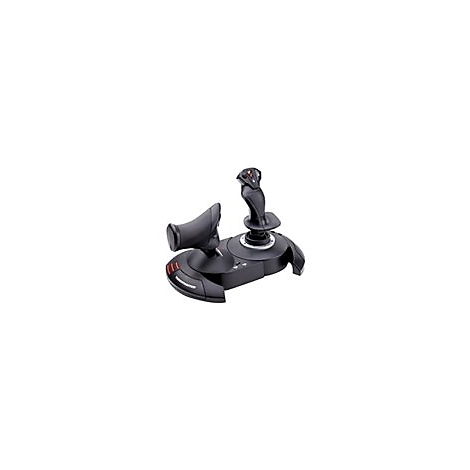 Schwarzer Joystick mit roten Akzenten. Im Vordergrund sind KnÃ¶pfe und ein Drehregler zu sehen.