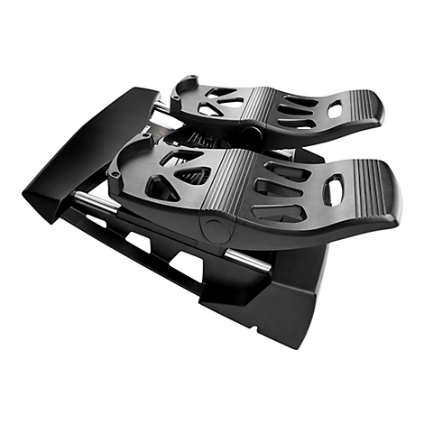 Schwarze Flugsimulator-Pedale mit Metallschienen auf weißem Hintergrund.