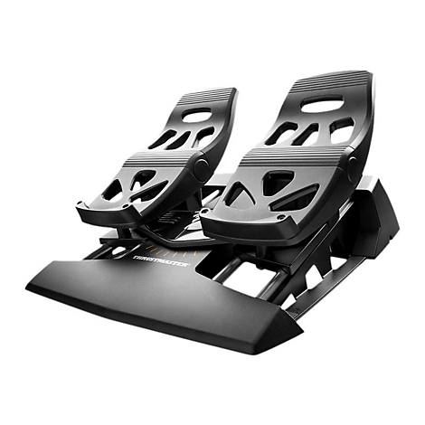 Schwarze Thrustmaster Flugsimulator-Pedale auf weißem Hintergrund.