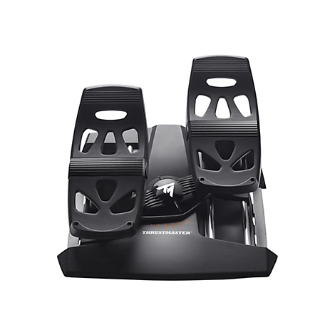 Schwarzes Thrustmaster Pedalsystem für Flugsimulationen auf weißem Hintergrund.