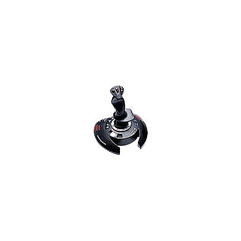 Schwarzer Joystick mit roten Akzenten. Basis mit Knöpfen und einem länglichen Griff.