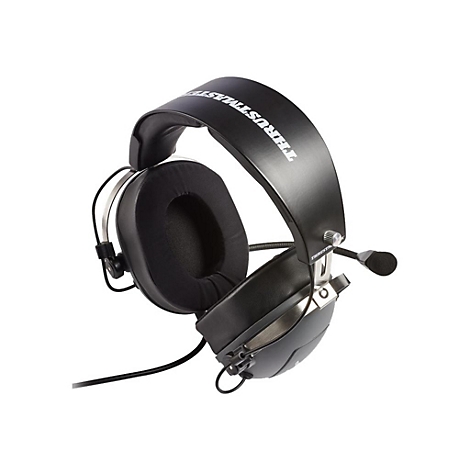 Schwarzes Thrustmaster Gaming-Headset mit gepolstertem Bügel und Mikrofon vor weißem Hintergrund.