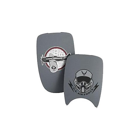Zwei graue Schwimmbretter mit U.S. Air Force Motiven: ein Kampfflugzeug und ein Pilotenkopf mit Helm.
