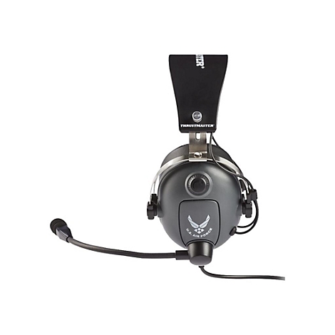 Graues Gaming-Headset im Piloten-Design mit Thrustmaster-Logo und U.S. Air Force Emblem.