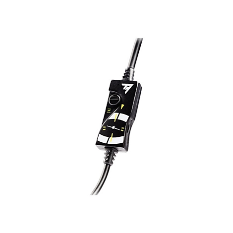 Schwarzes Kabel-Bedienteil mit gelben Symbolen und Einstellrad für Flugsimulator-Hardware.