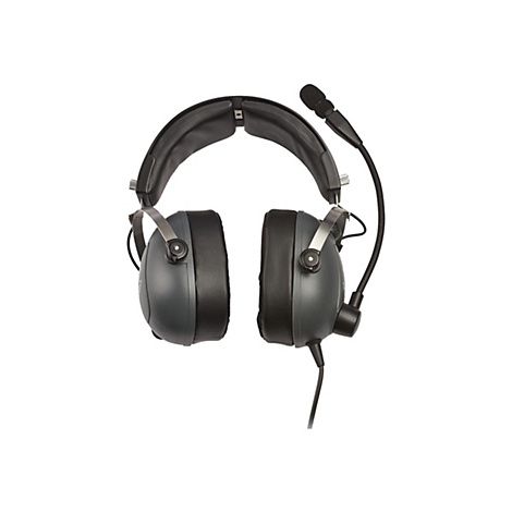 Dunkelgraues Headset mit Mikrofonarm und gepolstertem Kopfband vor weißem Hintergrund.