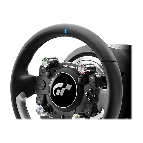 Detailansicht eines schwarzen Thrustmaster Rennlenkrads mit GT-Logo und verschiedenen Bedienelementen.