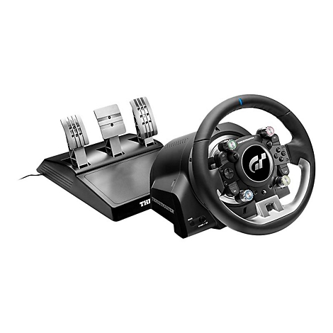 Thrustmaster Rennlenkrad mit Pedaleinheit in Schwarz und Silber vor weißem Hintergrund.