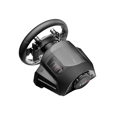 Schwarzes Thrustmaster T-GT Rennlenkrad-System auf weißem Hintergrund.