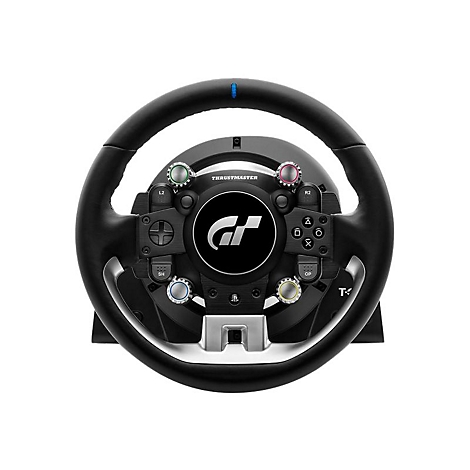 Schwarzes Thrustmaster Gran Turismo Rennlenkrad vor weißem Hintergrund.