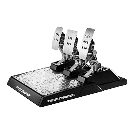 Fußpedal-Set, Metall-Optik. Drei Pedale auf einer schwarzen Platte. "Thrustmaster" Schriftzug.