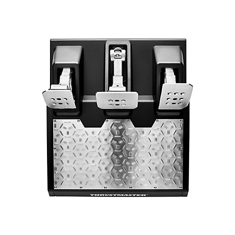 Draufsicht auf ein schwarzes Pedalboard mit drei Pedalen und metallischen Trittflächen. Der Schriftzug THRUSTMASTER ist zu sehen.