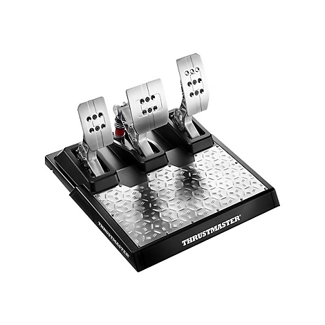 Ein Rennspiel-Pedal-Set mit drei silberfarbenen Pedalen auf einer schwarzen Grundplatte. Herstellerlogo sichtbar.