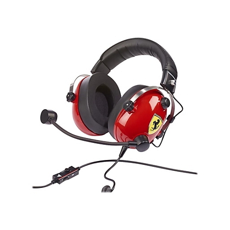Rotes Ferrari-Headset mit Mikrofon, gelbem Logo und schwarzen Kabeln.